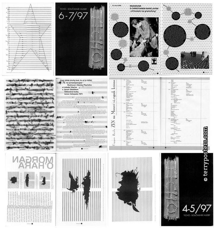 Ticho - současník hudby, design časopisu o nové hudbě, ukázky obálek a dvoustran, ofset, 1997